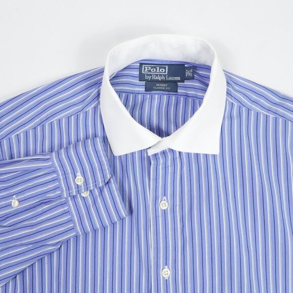 Polo Ralph Lauren Shirt Mens 16.5 Blue Stripe Regent Fit Contrast Collar Preppy - Picture 1 of 16